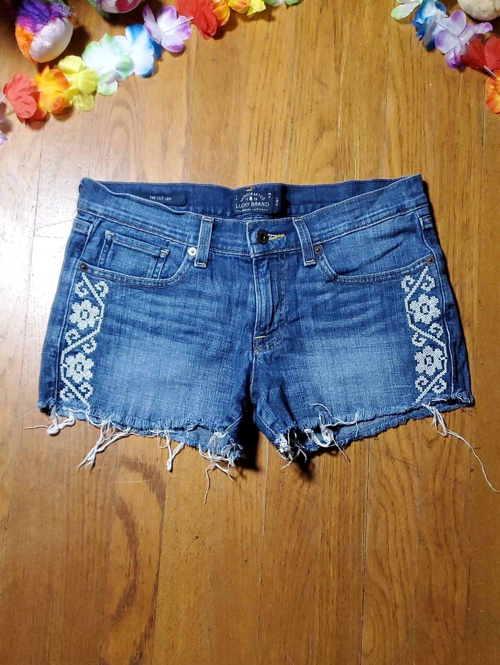 Lucky Brand Blue Denim Shorts with Rosewood Embroidered Pattern